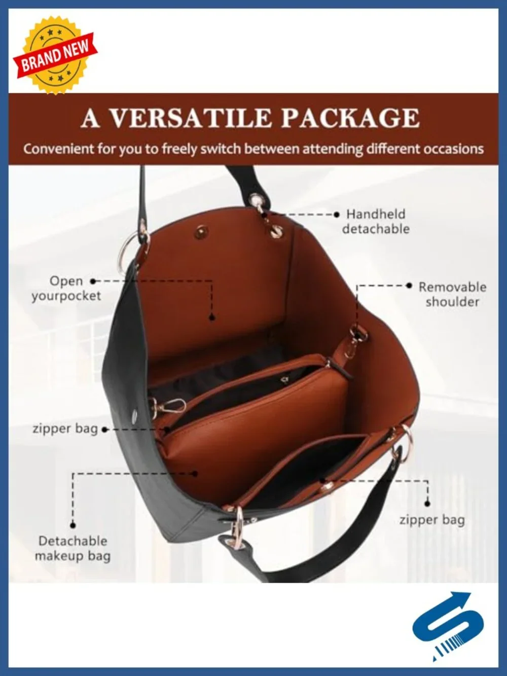 Large Faux Leather Tote Bag with Shoulder Strap, Zip Pocket, Magnetic Closure